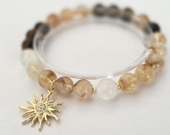 Pulsera de ojo de tigre, citrino y piedra lunar, dije de sol, hecha a mano