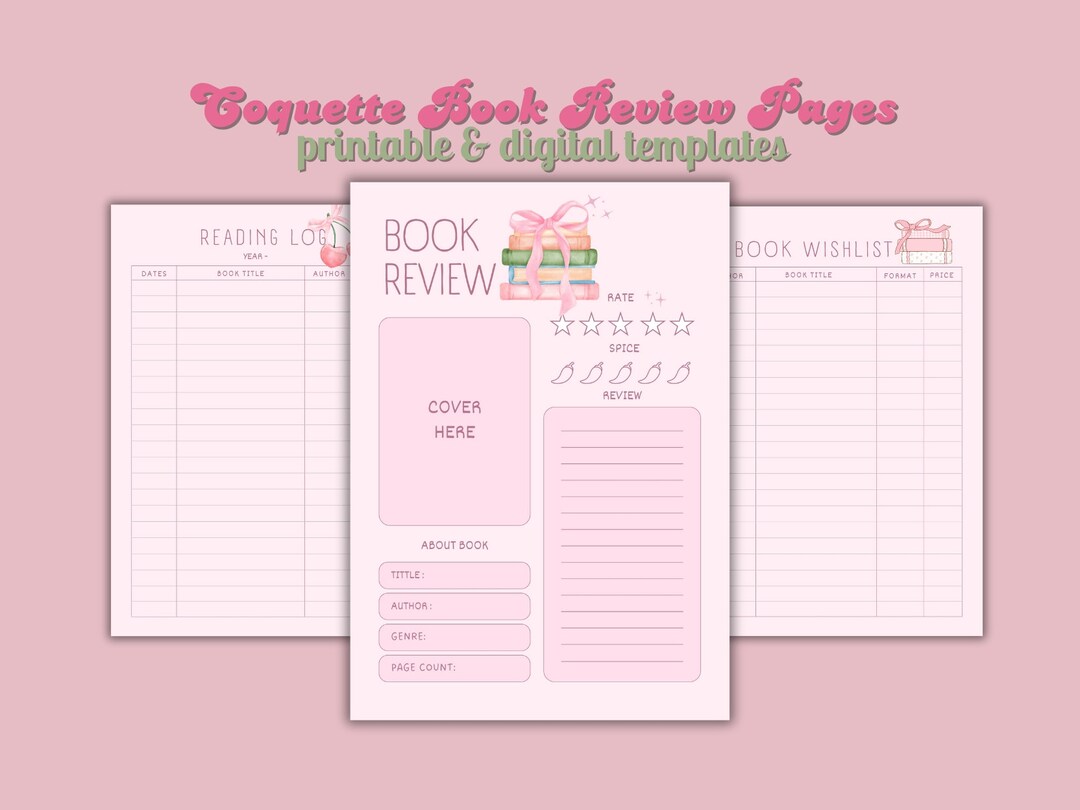 Coquette Book Review Template Printable, Book Review Journal, Book