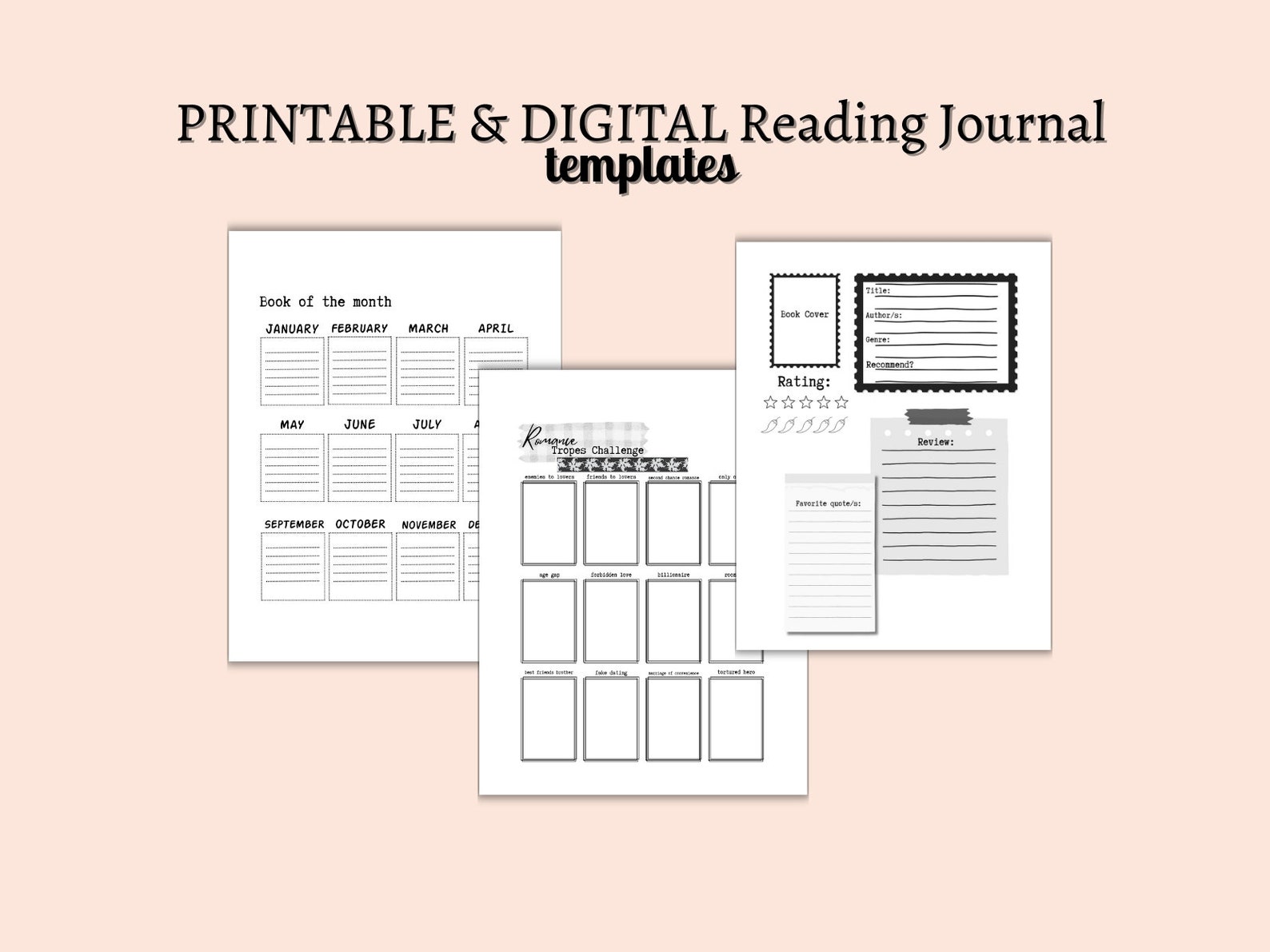 PRINTABLE Reading Journal Templates black and White A4 A5 Compatible PRINTABLE Reading Journal Templates black and White A4 A5 Compatible