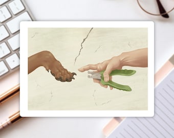 May include: A rectangular print featuring a dog's paw and a human hand holding green pet nail clippers, reminiscent of the Creation of Adam. The background is a textured, off-white color with a crack.