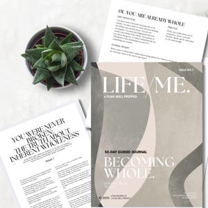 Pode incluir: Uma planta suculenta num vaso branco está ao lado de páginas impressas e de um diário. A capa do diário diz "LIFE/ME" e "BECOMING WHOLE". O texto nas páginas inclui "YOU WERE NEVER BROKEN" e "OI, YOU ARE ALREADY WHOLE."