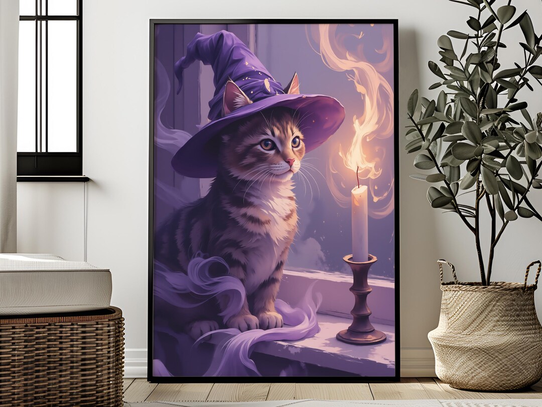 Wizard Hat Tabby Cat Illustration, Spooky Halloween Fantasy Wall Art ...