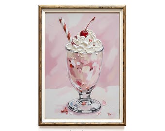Strawberry Cherry Milkshake Painting, Pink Retro Diner Kitchen Wall Art, Ice Cream Parlor Poster, Printable Digital Download, Black Cove