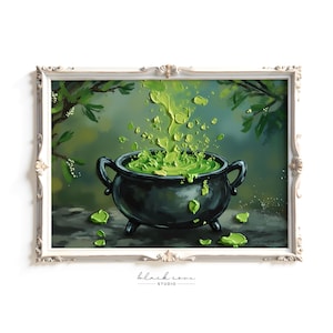 May include: A framed painting depicts a black cauldron overflowing with bright green liquid. The artwork has a whimsical, fantasy theme, with green leaves scattered around the cauldron. The frame is ornate and white, with the words "black cove studio" at the bottom.