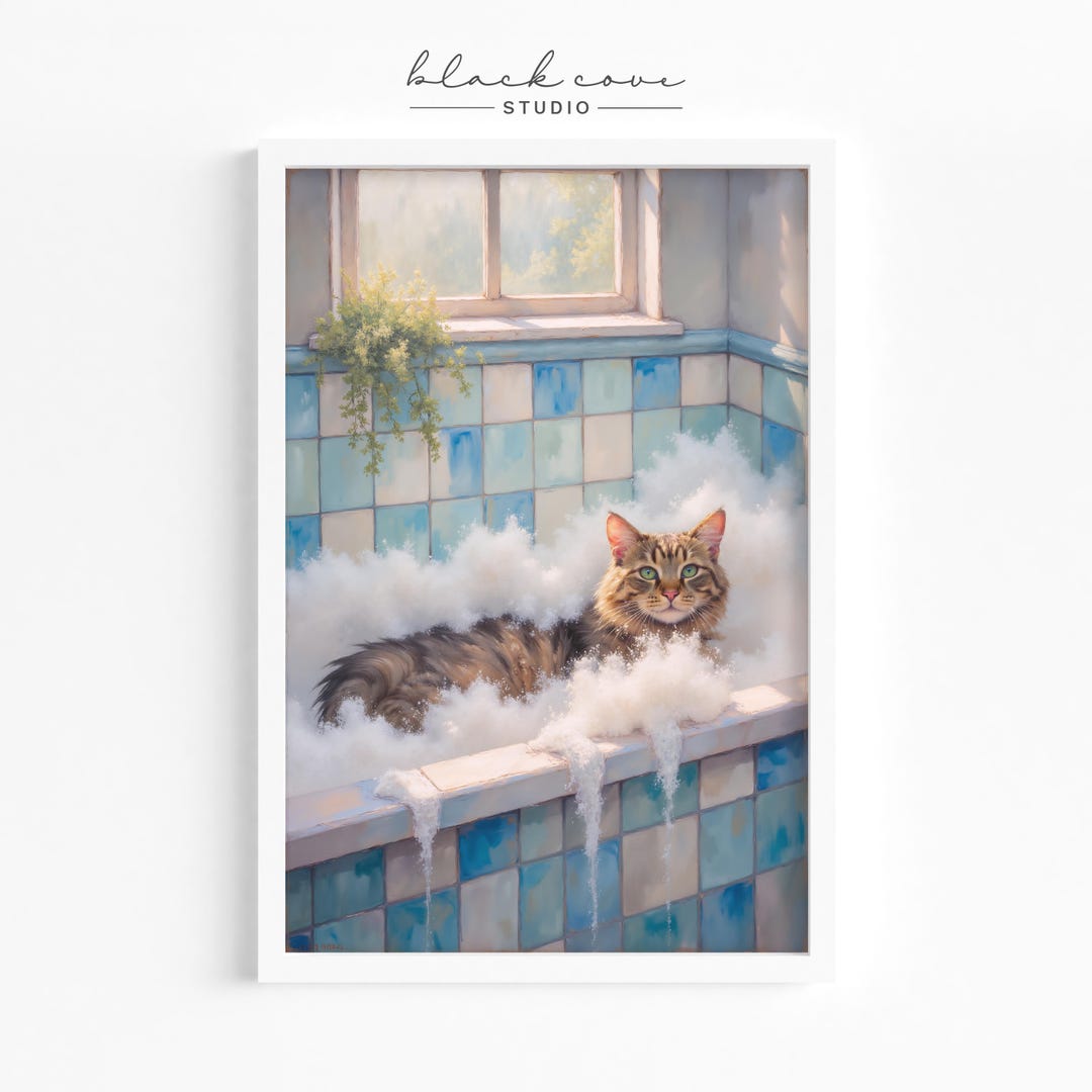 Tabby Cat Bubble Bath | Printable Art | Whimsical Blue Bathroom Decor ...