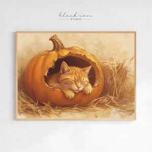Sleeping Orange Kitten Pumpkin Painting, Vintage Fall Wall Art, Cute Farmhouse Poster, Cat Mom Gift, Printable Digital Download, Black Cove