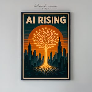 AI Rising Retro Poster, Gaming Room Wall Art, Futuristic Advertisement Print, Computer Nerd Gift, Printable Digital Download, Black Cove