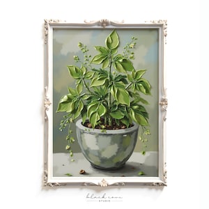 Puede incluir: Pintura enmarcada de una planta en maceta con grandes hojas verdes y blancas. La planta está en una maceta gris, sobre un fondo suave y apagado. El marco es blanco con detalles ornamentados, añadiendo un toque clásico a la obra.