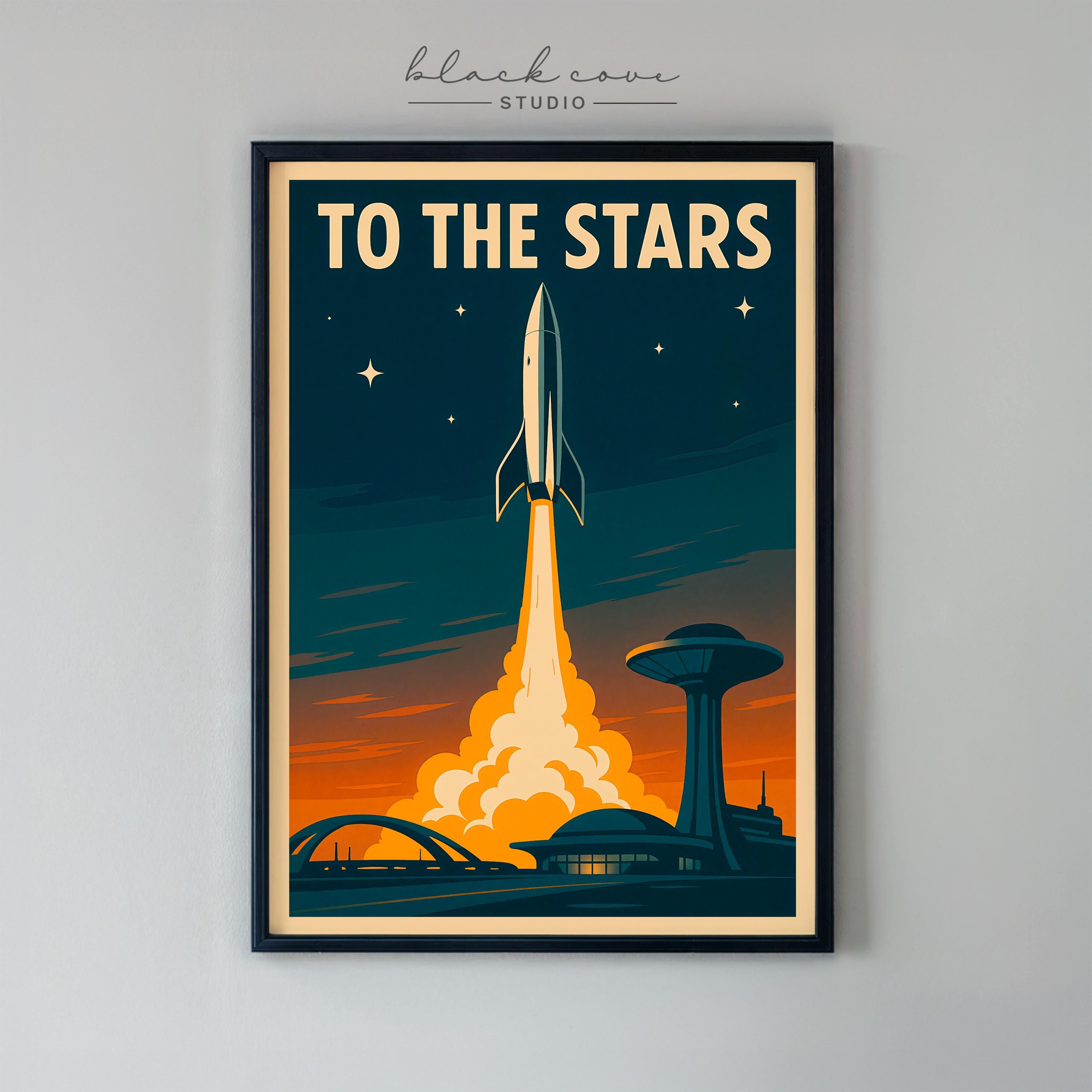 Rocket Launch Stars Retro Poster, Vintage NASA Futurism Wall Art, Sci ...