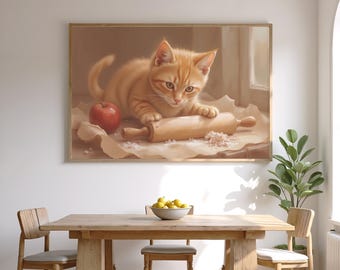 Orange Kitten Rolling Pin Illustration, Kitchen Wall Art, Tabby Cat Baking Poster, Pet Lover Gift, Printable Digital Download, Black Cove