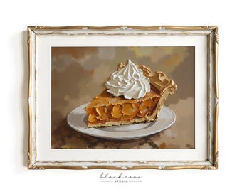 May include: A framed print depicting a slice of pie with a golden crust and a peach filling. A swirl of whipped cream tops the pie slice, which rests on a white plate. The frame is gold with decorative detailing.