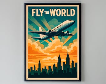 May include: A framed art print with a vintage travel theme. The image features a stylized airplane soaring above a cityscape, with the words "FLY the WORLD" in bold letters. The color palette includes shades of blue, orange, and green.