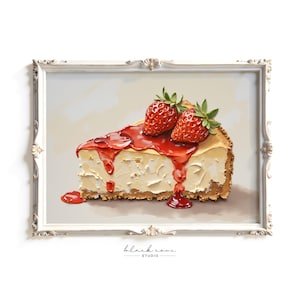 Strawberry Cheesecake Painting, Farmhouse Kitchen Dessert Wall Art, Bakery Cafe Poster, Hostess Gift, Printable Digital, Download Black Cove