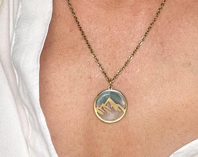 Alpine Sky Pendant – Snowy Mountain Resin Necklace with Blue Skies in Gold-Tone Setting