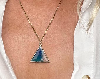Ocean Crest Pendant Collection – Triangle Resin Necklaces with Deep Blue, Clear & White Waves
