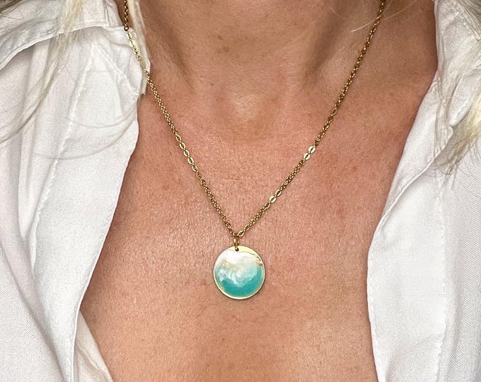 Ocean Flow Medallion Collection – Resin Wave Pendants in Light & Deep Blue | Circular Metal Necklace Inspired by the Sea