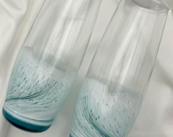 Ocean Wave Champagne Glass Set – Resin Art in Blue & White | Hand-Poured Coastal Stemless Champagne Flutes | Elevated Spirit Co
