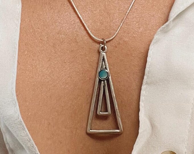 Heart of the Ocean Triangle Pendant – Nested Silver Triangles with Ocean Resin Heart | Symbol of Strength, Flow & Intuition