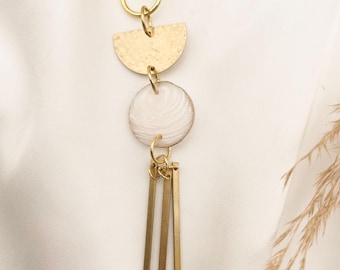 Eco Friendly Pink Resin Bag Charm with Brass half moon charms | Reclaimed Resin Keychain | Boho Purse Charm | Handmade Gift for Her
