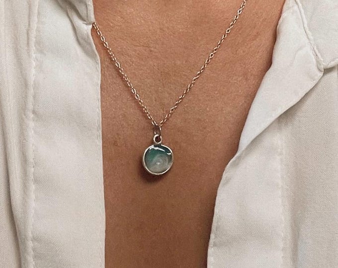 Tiny Tides Shell Pendant – Ocean-Inspired Resin Necklaces in Silver Shell Setting | Turquoise Blue & White