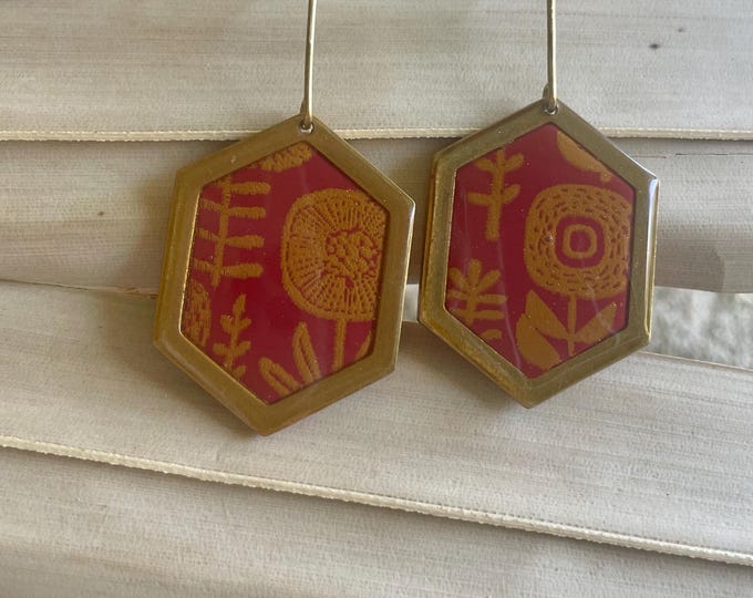 Gold Framed Floral Red Hook Earrings – Handcrafted Polymer Clay Jewelry