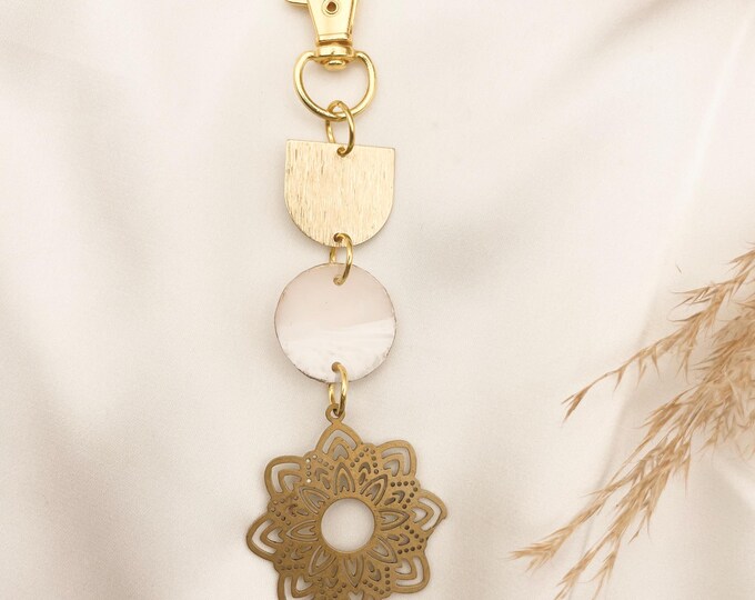 Eco Friendly Pink Resin Bag Charm with Brass Mandala | Reclaimed Resin Keychain | Boho Purse Charm | Handmade Gift for Her