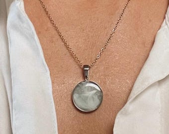 Sky Drift Pendant Collection – Pale Blue & White Resin Necklaces in Silver Circular Frames
