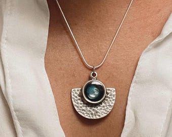 Moonlit Depths Collection – Hammered Silver Half Moon & Circle Resin Pendants | Deep Ocean Blues with Shimmering Light