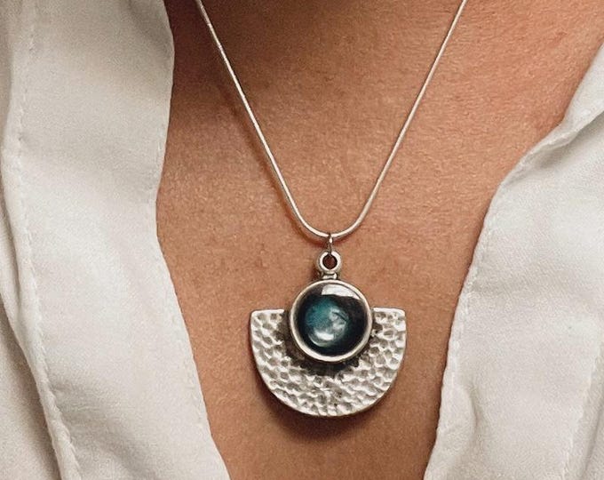 Moonlit Depths Collection – Hammered Silver Half Moon & Circle Resin Pendants | Deep Ocean Blues with Shimmering Light