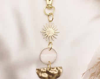 Eco Friendly Pink Resin Bag Charm with Brass Sun and half moon charms | Reclaimed Resin Keychain | Boho Purse Charm | Handmade Gift for Her