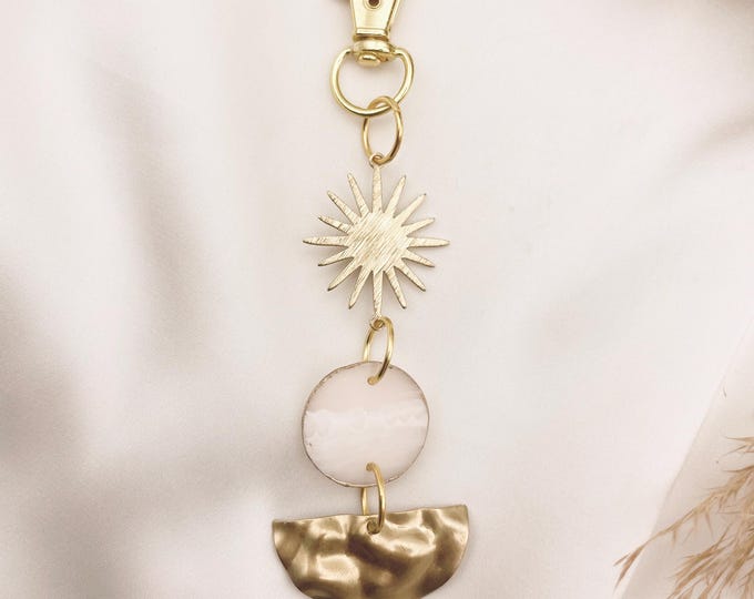 Eco Friendly Pink Resin Bag Charm with Brass Sun and half moon charms | Reclaimed Resin Keychain | Boho Purse Charm | Handmade Gift for Her