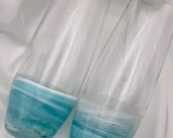 Ocean Wave Champagne Glass Set – Resin Art in Blue & White | Hand-Poured Coastal Stemless Champagne Flutes | Elevated Spirit Co