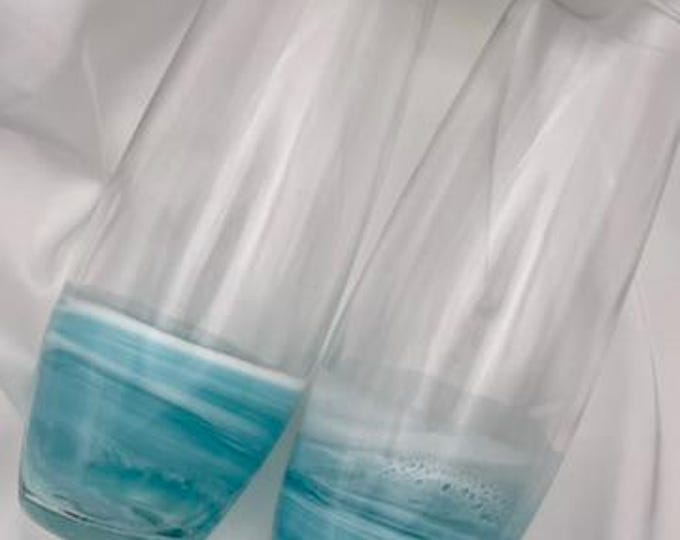 Ocean Wave Champagne Glass Set – Resin Art in Blue & White | Hand-Poured Coastal Stemless Champagne Flutes | Elevated Spirit Co