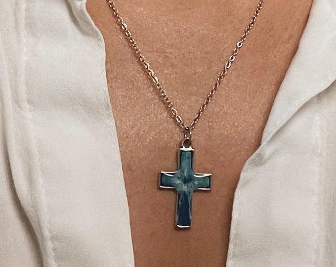 Sacred Sea Cross – One-of-a-Kind Blue & White Swirled Resin Pendants in Silver Cross Frame
