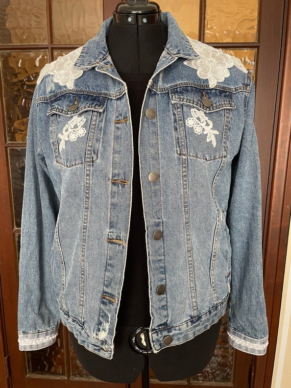 Denim jacket with lace and pearls hot sale