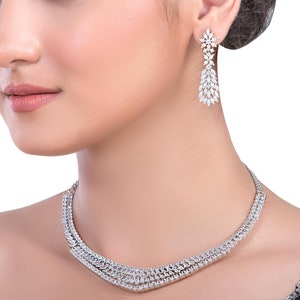 CZ Wedding Necklace Set: Silver Rhodium Bridal Jewelry