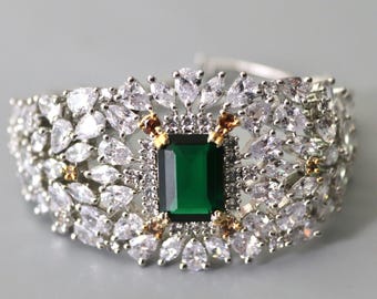 Emerald Green CZ Silver Bangle Bracelet: 18K Plated Brass