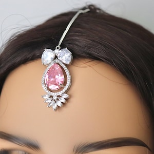 Pink CZ Maang Tikka: Silver Bridal Forehead Jewelry