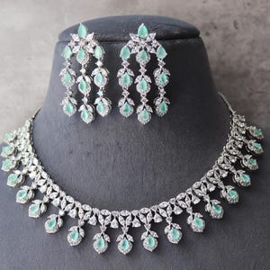 Mint Cubic Zirconia Necklace Set: White Rhodium Brass Wedding Jewelry