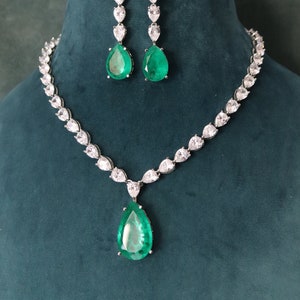 Emerald Green CZ Pendant Necklace Set: Indian Bollywood Jewelry