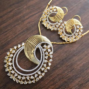 Gold CZ Pendant Necklace: 18K Rhodium Brass, Indian Jewelry