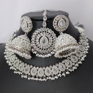 White Kundan Bridal Jewelry Set: Polki Choker, Jhumka Earrings & Tikka