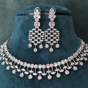 CZ Diamond Necklace Set: White Rhodium Indian Bridal Jewelry