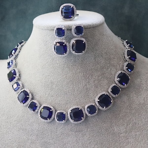 Blue CZ American Diamond Necklace Set: Indian Choker Jewelry