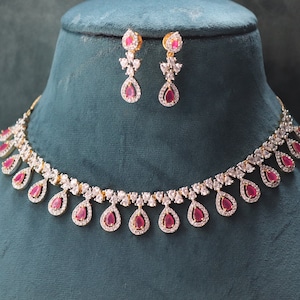 Risha Ruby CZ American Diamond Necklace Set, Indian Jewelry