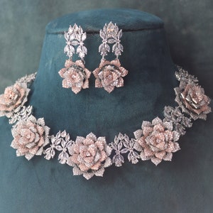 Rose Gold CZ Choker Necklace Set: Indian Bridal Jewelry