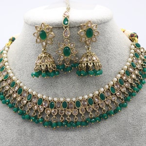 Zoe Green Polki Choker Necklace, Indian Jewelry, Punjabi Jewelry, Indian Choker,  Green Necklace Polki Jewelry Kundan Necklace