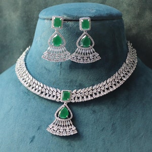 Rimi Green CZ Necklace, American Diamond Necklace , Indian Jewelry, Indian Necklace Pakistani Jewelry, Bollywood Jewelry, AD Necklace