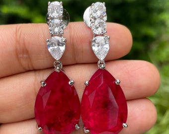 Ruby CZ Silver Earrings: Floral Indian Jewelry