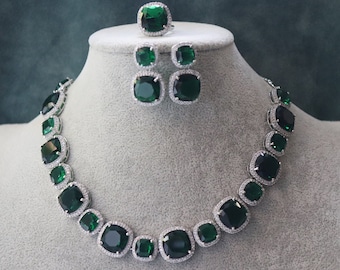 Jina Emerald Green Octo CZ Necklace Set: American Diamond Indian Jewelry